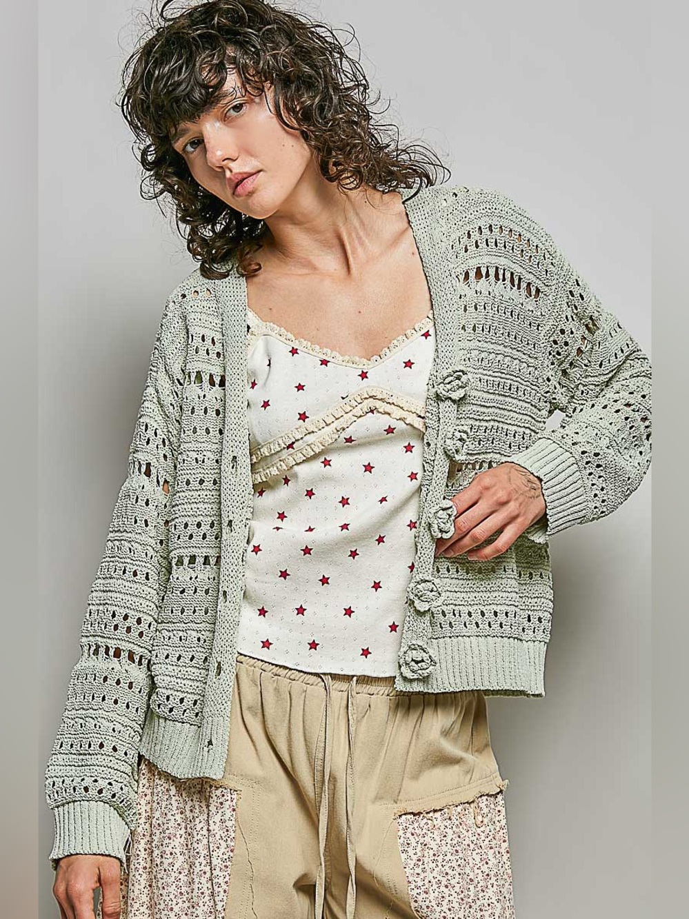 POL Lime Green Open-Knit Cardigan | 3D Floral Button Front Sweater | Boho ποΈ - Picture 4 of 7